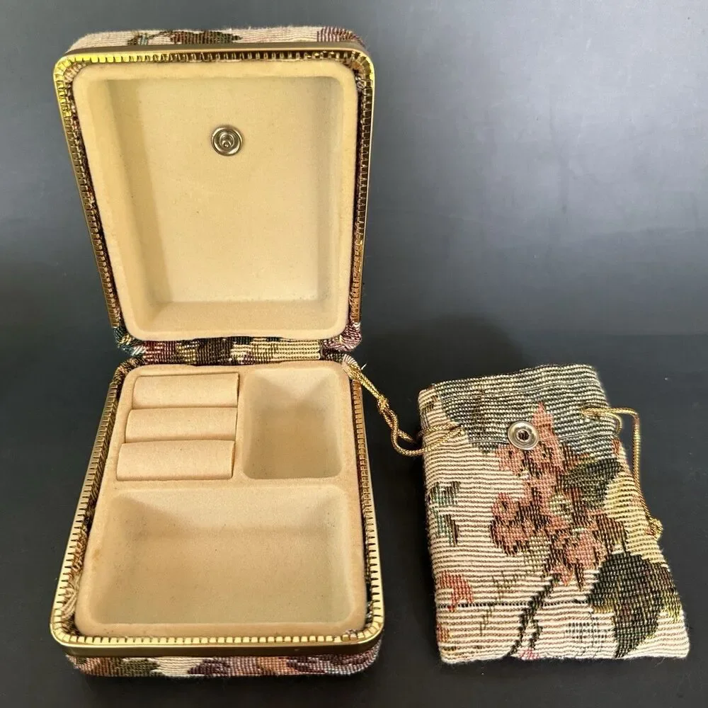 Vintage Tapestry Jewelry Box Travel Case Floral Needlepoint Coquette Case Holder